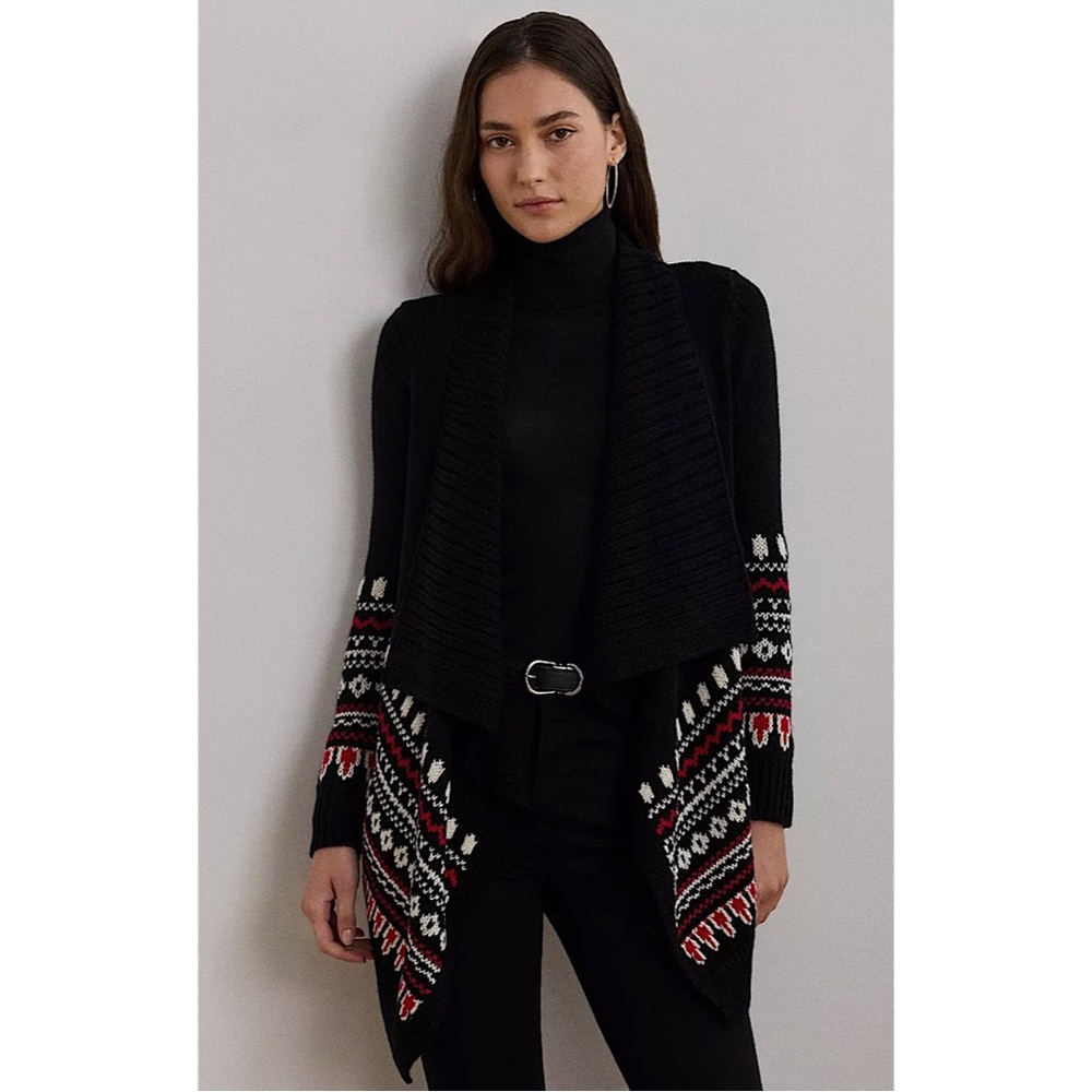 Lauren Ralph Lauren Fair Isle Cotton Shawl-Collar Cardigan Sweater Black MEDIUM‎